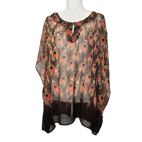 Chico's Peacock Feather Brown Orange Sheer Poncho Top Blouse Medium Large - Picture 1 of 9